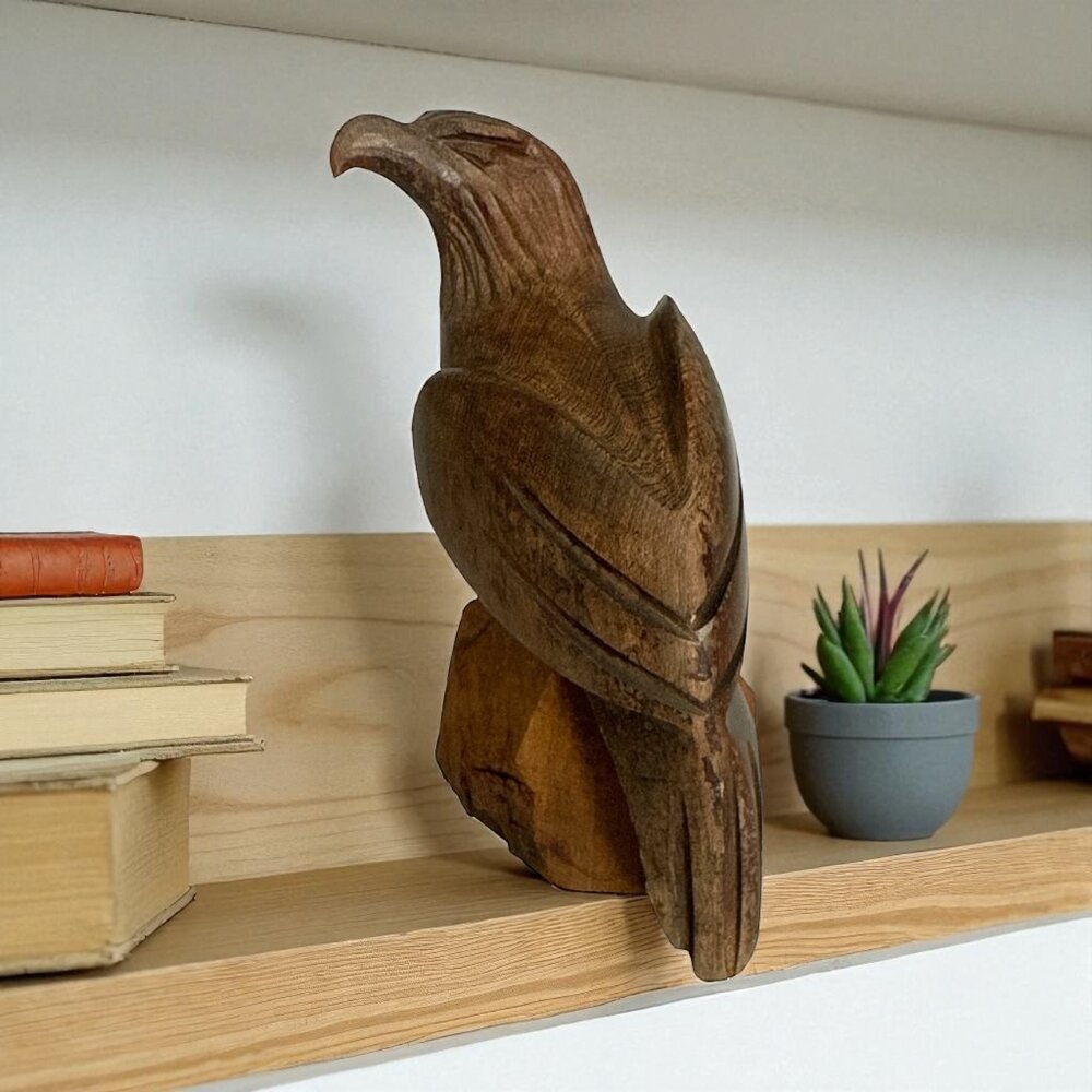 Hand Carved Wooden Eagle Figurine Rustic Decor 4”